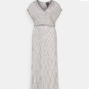 Adrianna Papell sequin lattice dress with flutter sleeves in Bridal Silver-NWT